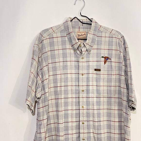 Woolrich Button Down Shirt Mens 2XL Mallard Duck Embroidery Beige Plaid Pocket - Picture 8 of 9